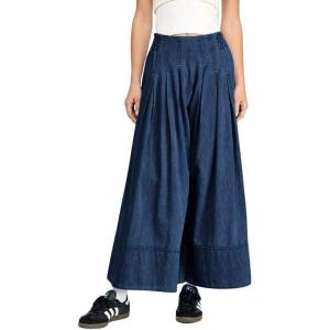 imagechouyatou Womens Flare Wide Leg Denim Pants Smocked Elastic Waist Pleated Culotte Jeans Boyfriend Baggy JeansDark Blue