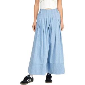 imagechouyatou Womens Flare Wide Leg Denim Pants Smocked Elastic Waist Pleated Culotte Jeans Boyfriend Baggy JeansLight Blue