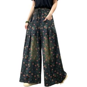 imagechouyatou Womens Floral Wide Leg Denim Pants Adjustable Drawstring Baggy Elastic Waist Culotte JeansBlack