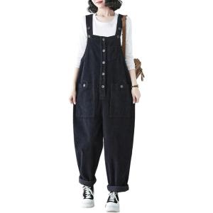 imagechouyatou Womens Harem Corduroy Overall Pants Wide Leg Adjustable Strap Baggy One Piece JumpsuitsBlack
