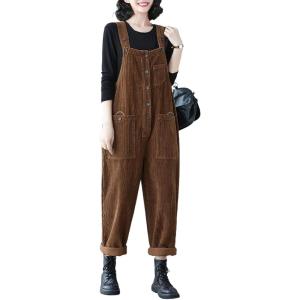 imagechouyatou Womens Harem Corduroy Overall Pants Wide Leg Adjustable Strap Baggy One Piece JumpsuitsBrown