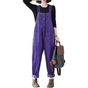 imagechouyatou Womens Harem Corduroy Overall Pants Wide Leg Adjustable Strap Baggy One Piece JumpsuitsPurple