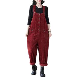 imagechouyatou Womens Harem Corduroy Overall Pants Wide Leg Adjustable Strap Baggy One Piece JumpsuitsRed