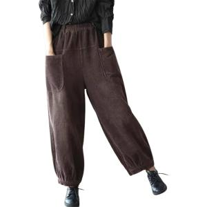 imagechouyatou Womens Harem Loose Corduroy Pants Elastic High Waisted Straight Wide Leg Trouser with PocketsBrown