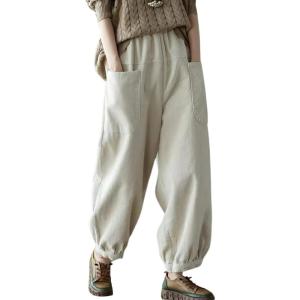 imagechouyatou Womens Harem Loose Corduroy Pants Elastic High Waisted Straight Wide Leg Trouser with PocketsWhite