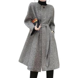 imagechouyatou Womens Herringbone Collarless Blazer Wool Coat 34 Sleeve Mid Long Trench Coat with BeltBlack