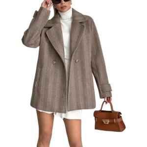imagechouyatou Womens Herringbone Double Breasted Wool Coat Notched Lapel Work Casual Wool Blend Trench Pea Coat JacketBrown