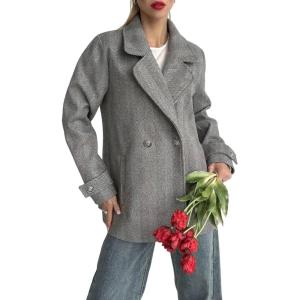 imagechouyatou Womens Herringbone Double Breasted Wool Coat Notched Lapel Work Casual Wool Blend Trench Pea Coat JacketGray