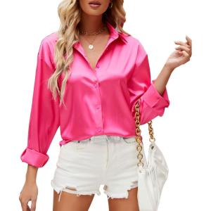 imagechouyatou Womens Lapel Collar Long Sleeve Satin Silk Dress Casual Button Down Shirt BlousesRose Red