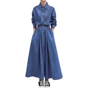 imagechouyatou Womens Long Sleeve Denim Shirt Dress Button Down Lapel Business Casual Maxi Long Jean DressBlue