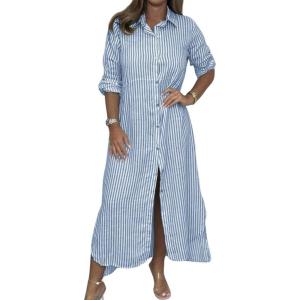 imagechouyatou Womens Long Sleeve Striped Shirt Dress Casual Loose Button Down Maxi Long Tunic DressBlue