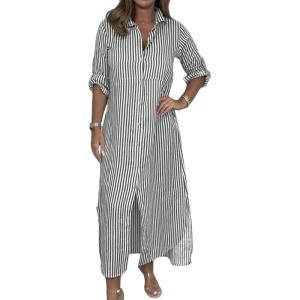 imagechouyatou Womens Long Sleeve Striped Shirt Dress Casual Loose Button Down Maxi Long Tunic DressGrey