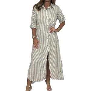 imagechouyatou Womens Long Sleeve Striped Shirt Dress Casual Loose Button Down Maxi Long Tunic DressLight Khaki