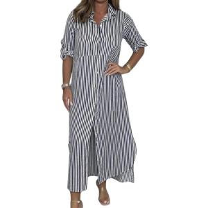 imagechouyatou Womens Long Sleeve Striped Shirt Dress Casual Loose Button Down Maxi Long Tunic DressNavy Blue