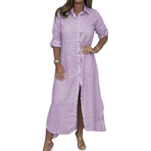 imagechouyatou Womens Long Sleeve Striped Shirt Dress Casual Loose Button Down Maxi Long Tunic DressPurple