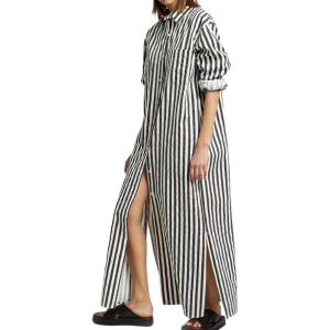 imagechouyatou Womens Long Sleeve Striped Shirt Dress Casual Loose Side Split Maxi Long Tunic DressBlack