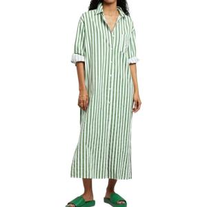 imagechouyatou Womens Long Sleeve Striped Shirt Dress Casual Loose Side Split Maxi Long Tunic DressGreen