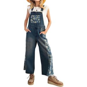 imagechouyatou Womens Loose Adjustable Strap Denim Bib Overall Floral Wide Leg Cropped Jeans JumpsuitBlue