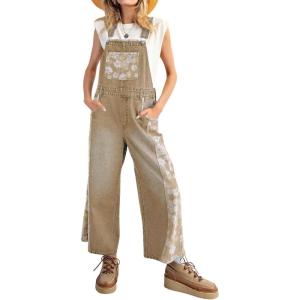 imagechouyatou Womens Loose Adjustable Strap Denim Bib Overall Floral Wide Leg Cropped Jeans JumpsuitKhaki