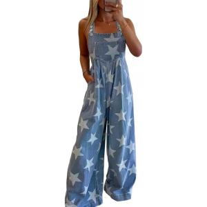 imagechouyatou Womens Loose Adjustable Strap Denim Bib Overalls Stars Print Wide Leg Baggy Long Jeans JumpsuitBlue