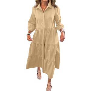 imagechouyatou Womens Loose Fit Puff Sleeve Maxi Tiered Babydoll Dress VNeck Cotton Long Button Down DressKhaki