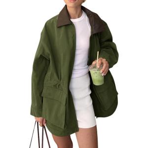 imagechouyatou Womens Oversized Fall Barn Jacket Lightweight Zip Up Cotton Utility Jacket Casual Trench CoatArmy Green