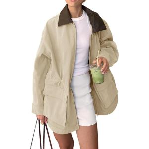 imagechouyatou Womens Oversized Fall Barn Jacket Lightweight Zip Up Cotton Utility Jacket Casual Trench CoatBeige
