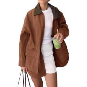 imagechouyatou Womens Oversized Fall Barn Jacket Lightweight Zip Up Cotton Utility Jacket Casual Trench CoatBrown