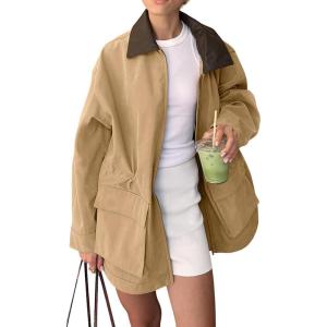 imagechouyatou Womens Oversized Fall Barn Jacket Lightweight Zip Up Cotton Utility Jacket Casual Trench CoatKhaki