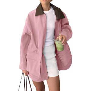 imagechouyatou Womens Oversized Fall Barn Jacket Lightweight Zip Up Cotton Utility Jacket Casual Trench CoatPink