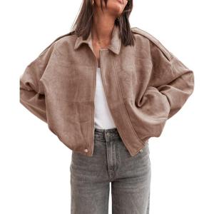 imagechouyatou Womens Oversized Faux Leather Suede Bomber Jacket Boyfriend Motorcycle Zip Up Jacket ShacketsKhaki