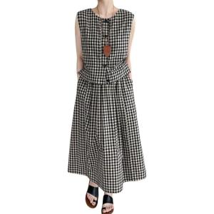 imagechouyatou Womens Plaid 2 Piece Outfits Button Down Crop Tank Top and Pleated Pocket Long Skirt Matching SetBlack