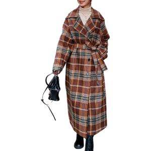 imagechouyatou Womens Plaid Button Down Wool Coat Notch Lapel Overcoat Winter Long Trench Coat with BeltBrown Red