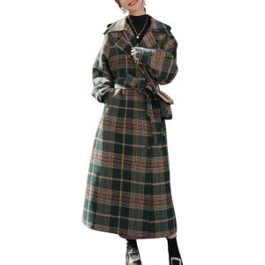 imagechouyatou Womens Plaid Button Down Wool Coat Notch Lapel Overcoat Winter Long Trench Coat with BeltGreen