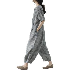 imagechouyatou Womens Plaid Button Up Wide Leg Romper Pants Loose Fit Short Sleeve Long Jumpsuit Overalls with PocketsBlack