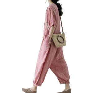 imagechouyatou Womens Plaid Button Up Wide Leg Romper Pants Loose Fit Short Sleeve Long Jumpsuit Overalls with PocketsRed