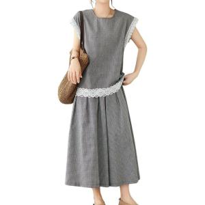 imagechouyatou Womens Plaid Cotton Linen 2 Piece Outfits Contrast Lace Tank Top Wide Leg Capri Culotte Pants Matching SetPlaid Black