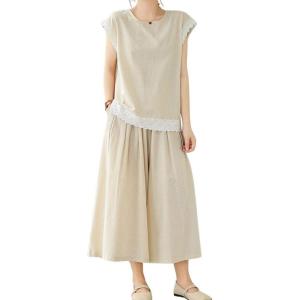 imagechouyatou Womens Plaid Cotton Linen 2 Piece Outfits Contrast Lace Tank Top Wide Leg Capri Culotte Pants Matching SetSolid Apricot