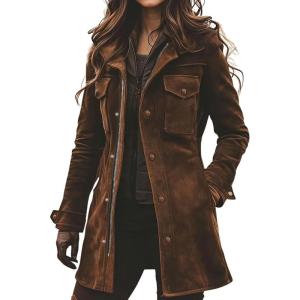 imagechouyatou Womens Retro Faux Suede Leather Jacket Zip Up Military Utility Safari Jacket Midi Long ShacketBrown