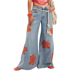 imagechouyatou Womens Retro Flare Wide Leg Jeans Floral Printed High Waist Palazzo Jean Trousers Denim PantsLight Blue