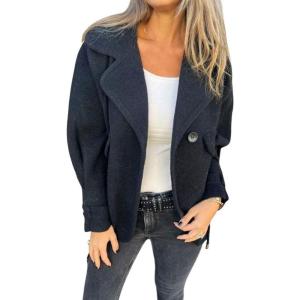 imagechouyatou Womens Retro Lapel Double Breasted Wool Coat Business Casual Wool Blend Pea Coat OvercoatBlack