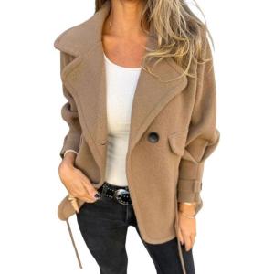 imagechouyatou Womens Retro Lapel Double Breasted Wool Coat Business Casual Wool Blend Pea Coat OvercoatCamel