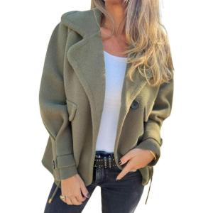 imagechouyatou Womens Retro Lapel Double Breasted Wool Coat Business Casual Wool Blend Pea Coat OvercoatGreen