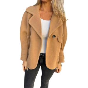 imagechouyatou Womens Retro Lapel Double Breasted Wool Coat Business Casual Wool Blend Pea Coat OvercoatKhaki