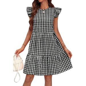 imagechouyatou Womens Retro Plaid Flounce Dress Flutter Sleeve Gingham Babydoll Tiered Short DressBlack