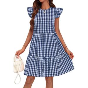 imagechouyatou Womens Retro Plaid Flounce Dress Flutter Sleeve Gingham Babydoll Tiered Short DressDark Blue