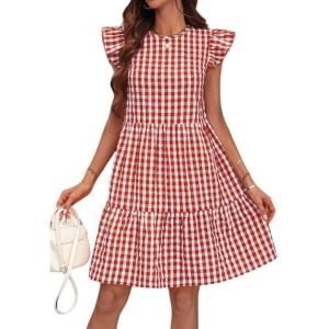 imagechouyatou Womens Retro Plaid Flounce Dress Flutter Sleeve Gingham Babydoll Tiered Short DressRed