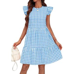 imagechouyatou Womens Retro Plaid Flounce Dress Flutter Sleeve Gingham Babydoll Tiered Short DressSky