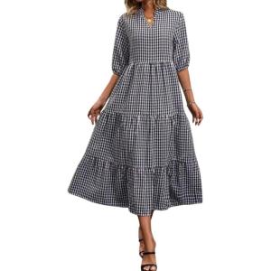 imagechouyatou Womens Retro Plaid Ruffle Hem Dress Puff Lantern Sleeve Notch Neck Gingham Tiered Midi Long DressBlack