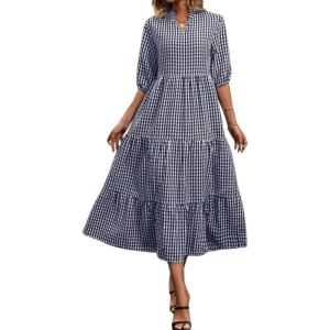 imagechouyatou Womens Retro Plaid Ruffle Hem Dress Puff Lantern Sleeve Notch Neck Gingham Tiered Midi Long DressNavy